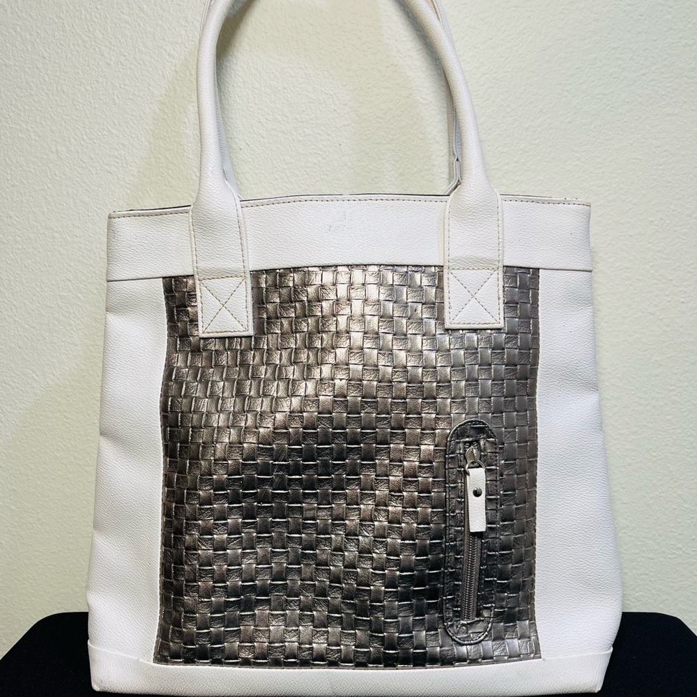 Vintage White Vegan Leather with Silver Woven Front Tote Bag Bling with style